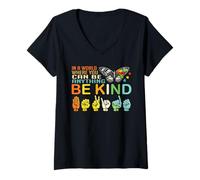 Donna Autism Be Kind - Consapevolezza dell'autismo ASL Hands Linguaggio dei segni Maglietta con Collo a V