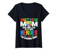 Donna Autism Mom Raising Hero Groovy Messy Bun Autism Awareness Maglietta con Collo a V
