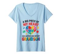 Donna Autism Puzzle Cuore Nipote Awareness Pride Grandparent Maglietta con Collo a V