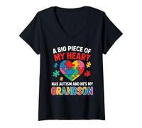 Donna Autism Puzzle Cuore Nipote Awareness Pride Grandparent Maglietta con Collo a V