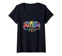 Donna Autism Respect Include Love Rainbow Handprints Sun Clouds Maglietta con Collo a V