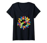 Donna Autismo Consapevolezza Girasole Puzzle Pezzo Graphic Design Maglietta con Collo a V