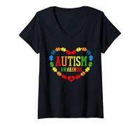 Donna Autistic Pride - Puzzle con Cuore e Orgoglio Autistico Maglietta con Collo a V
