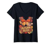 Donna Autumn Bliss Farfalla Foglie Scoiattolo Maglietta con Collo a V