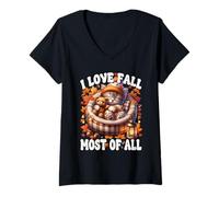 Donna Autumn Cat Graphic for Kitten Mom I Love Fall Most of all Maglietta con Collo a V