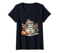 Donna Autumn Coffee Fall Themed Graphic for Cat Lady Cute Kitten Maglietta con Collo a V