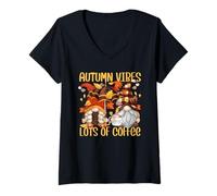 Donna Autumn Coffee Gnomes for Women for Fall And Coffee Lover Maglietta con Collo a V