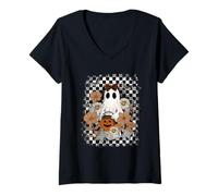 Donna Autumn Fall Ghost Checkered Thanksgiving Design. Woman Maglietta con Collo a V