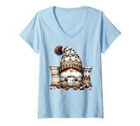 Donna Autumn GNOME for Cold Sweater Weather with Hot Cocoa Mug Maglietta con Collo a V