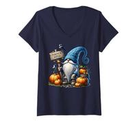 Donna Autumn GNOME with Pumpkin Patch Sign And Crows Fall Vibes Maglietta con Collo a V