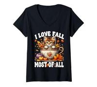 Donna Autumn Leaves And Kitten for Cat Mom I Love Fall Most of all Maglietta con Collo a V