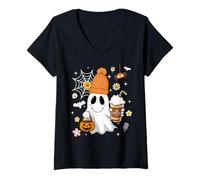 Donna Autumn Men Women Cute Ghost Drinking Coffee Spooky Halloween Maglietta con Collo a V