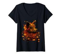 Donna Autumn Pig Art Accogliente Grafica con Foglie Autunnali Serene con Animali da Fattoria Maglietta con Collo a V