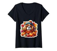 Donna Autunno Autunno Cavalier King Charles Spaniel Cane Proprietario Zucca Maglietta con Collo a V