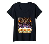 Donna Autunno Autunno Foglie Halloween Strega Gnomi Felice Autunno Y Maglietta con Collo a V
