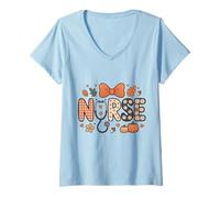 Donna Autunno Autunno Infermiera Camicia Donna Zucca Thankful Nurse Life Maglietta con Collo a V