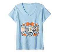 Donna Autunno Autunno Infermiera Camicia Donna Zucca Thankful Nurse Life Maglietta con Collo a V