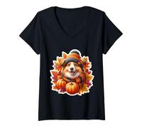 Donna Autunno Autunno Miniature American Shepherd Dog Pumpkin Proprietario Maglietta con Collo a V