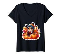 Donna Autunno Autunno Orientale Shorthair Cat Owner Thanksgiving Cozy Maglietta con Collo a V