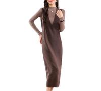 Donna Autunno e Inverno Percent% Lana Maglia Gilet Lungo, Grande Scollo a V Vestito, Marrone scuro, L