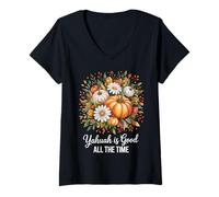 Donna Autunno Florals Zucche Yahuah è Buono Tutto Il Tempo Maglietta con Collo a V