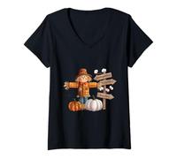 Donna Autunno Fun Shirt Spaventapasseri Hayrides Bonfire Pumpkins Sign Maglietta con Collo a V