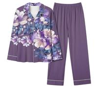 Donna Autunno Inverno Belle Stampe Pigiama Pantaloni Lunghi Pigiameria Set Morbido Comodo Night Wear Scollo a V Lounge Wear Carino Due Pezzi Moda Pigiama Wear, Viola scuro, M