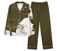 Donna Autunno Inverno Morbido Tessuto Bella Stampa Fiore Pigiama Pantaloni Lunghi Pigiameria Set Morbido Comodo Night Wear Scollo A V Loungewear Carino Due Pezzi Pigiama Wear, Verde militare, XL