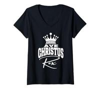 Donna Ave Christus Rex Tradizionale Cattolico Latino Ave Cristo Re Maglietta con Collo a V