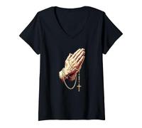 Donna Ave Maria Beata Madre Rosario Preghiera Maglietta con Collo a V