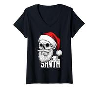 Donna Ave Santa Pagan Felice Solstizio Scheletro Gotico Natale Maglietta con Collo a V