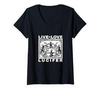 Donna Ave Satana Live Love Lucifer with Dancing Demons Original Maglietta con Collo a V