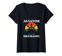 Donna Aviator Mechanic Retro Aircraft Engine Aviation Maglietta con Collo a V