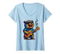 Donna Awawa Rock Hyrax Suona Ukulele Chitarra Rainbow Hippie Divertente Maglietta con Collo a V