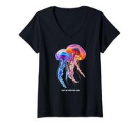Donna Awesome Cute Underwater Fish Sea Just Go with Flow Jellyfish Maglietta con Collo a V