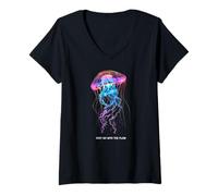 Donna Awesome Cute Underwater Fish Sea Just Go with Flow Jellyfish Maglietta con Collo a V