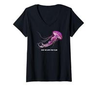 Donna Awesome Cute Underwater Fish Sea Just Go with Flow Jellyfish Maglietta con Collo a V
