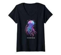 Donna Awesome Cute Underwater Fish Sea Just Go with Flow Jellyfish Maglietta con Collo a V