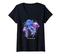 Donna Awesome Cute Underwater Fish Sea Just Go with Flow Jellyfish Maglietta con Collo a V