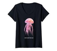 Donna Awesome Cute Underwater Fish Sea Just Go with Flow Jellyfish Maglietta con Collo a V