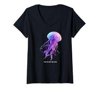 Donna Awesome Cute Underwater Fish Sea Just Go with Flow Jellyfish Maglietta con Collo a V