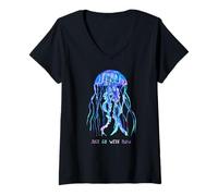 Donna Awesome Cute Underwater Fish Sea Just Go with Flow Jellyfish Maglietta con Collo a V