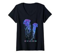 Donna Awesome Cute Underwater Fish Sea Just Go with Flow Jellyfish Maglietta con Collo a V