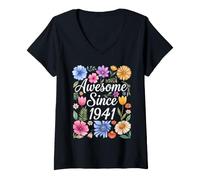Donna Awesome Since 1941 - Compleanno Floreale Acquerello Maglietta con Collo a V