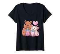 Donna Axolotl E Capybara Bere Bubble Tea Kawaii Ragazze Bambini Maglietta con Collo a V