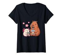 Donna Axolotl E Capybara Bere Bubble Tea Kawaii Ragazze Bambini Maglietta con Collo a V