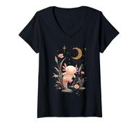Donna Axolotl Lover Crescent Moon Carino Animale Kawaii Maglietta con Collo a V