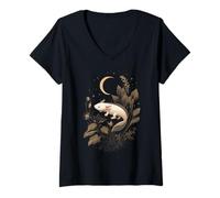Donna Axolotl Lover Dark Botanical Celeste Mezzaluna Maglietta con Collo a V