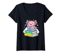 Donna Axolotl Reading Books Fun Learning Cozy Bookworm Maglietta con Collo a V