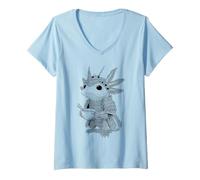 Donna Axolotl Samurai Ramen Xilografia Giapponese Arte Maglietta con Collo a V